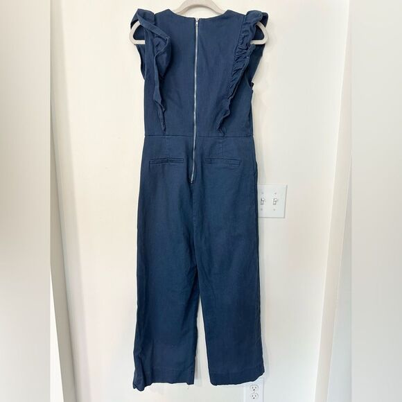 En Saison Denim Stretch Ruffled High Rise Wide Leg Crop Jumpsuit M - Picture 5 of 7